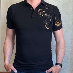 Купити чорну чоловічу футболку поло з нашивкою тигр (розмір 46-54) дешево