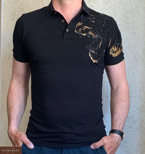 Купити чорну чоловічу футболку поло з нашивкою тигр (розмір 46-54) дешево
