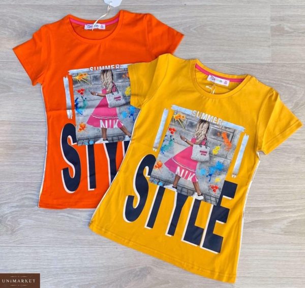 Заказать оранжевую, желтую детскую футболку из хлопка с принтом Style дешево