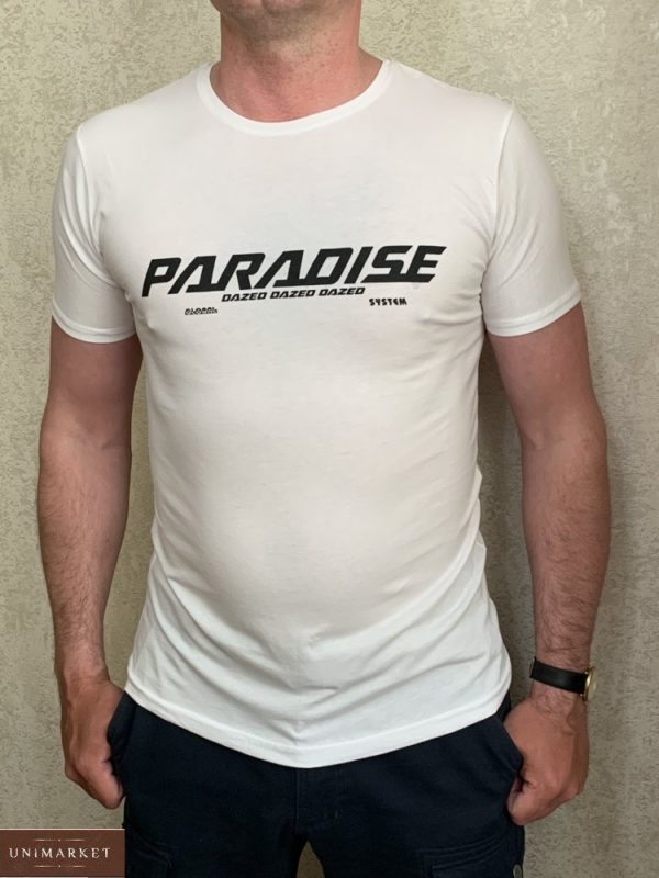 Заказать белую мужскую принтованную футболку Paradise (размер 46-54) дешево