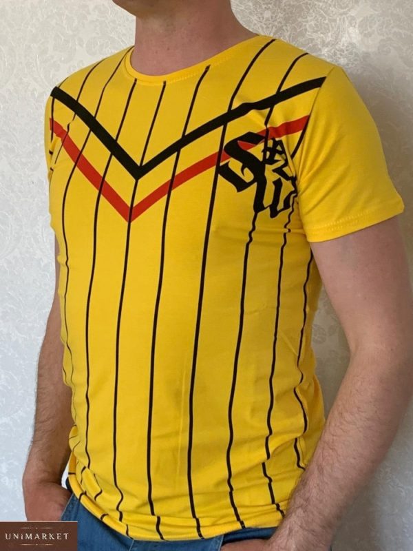 Приобрести желтую мужскую футболку из хлопка в вертикальную полоску (размер 46-54) выгодно