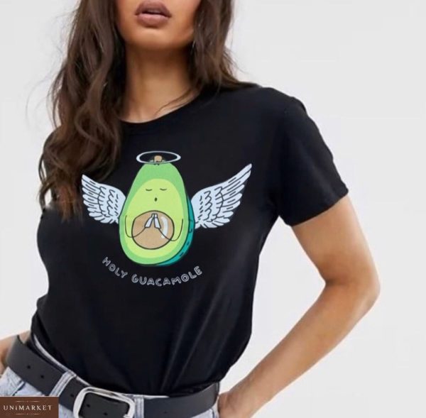 Придбати чорну жіночу футболку з принтом авокадо з крильцями дешево