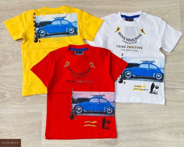 Замовити жовту, білу, червону дитячу футболку з принтом (машинки, велосипед) в Одесі, Дніпрі, Харкові