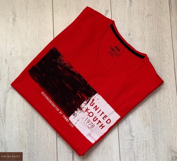 Заказать красную мужскую футболку с круглым вырезом с принтом (размер 46-54) выгодно