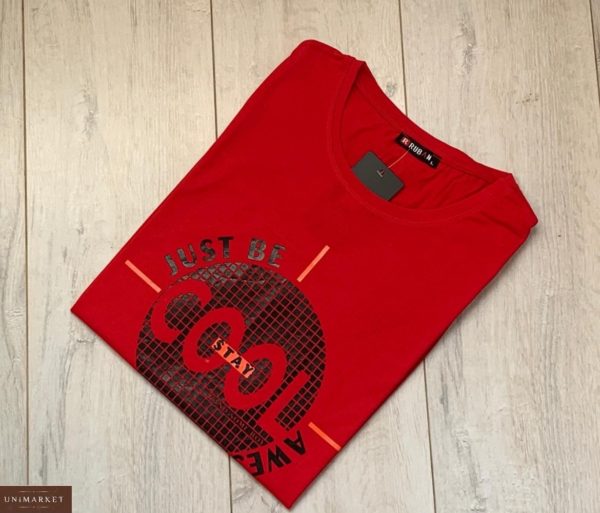 Придбати червону чоловічу футболку з бавовни з круглим принтом (розмір 46-54) по знижці