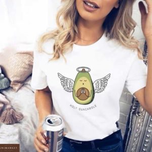 Купити білу жіночу футболку з принтом авокадо з крильцями в Україні