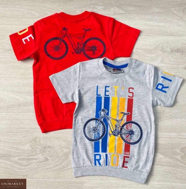 Замовити червону, сіру дитячу футболку з принтом (машинки, велосипед) дешево