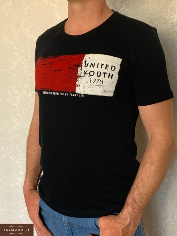 Купить черную мужскую футболку с круглым вырезом с принтом (размер 46-54) в Украине