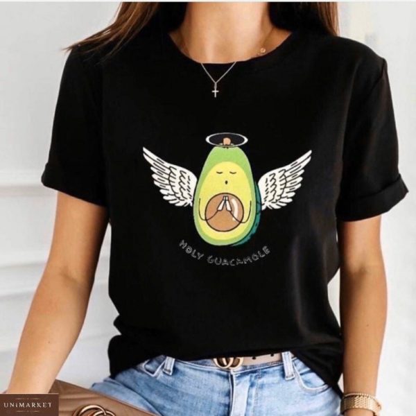 Заказать черную женскую футболку с принтом авокадо с крылышками хорошего качества онлайн