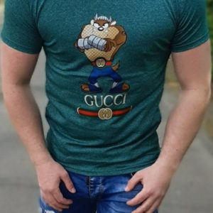 Заказать зеленую мужскую принтованную футболку с надписью gucci (размер 48-54) хорошего качества