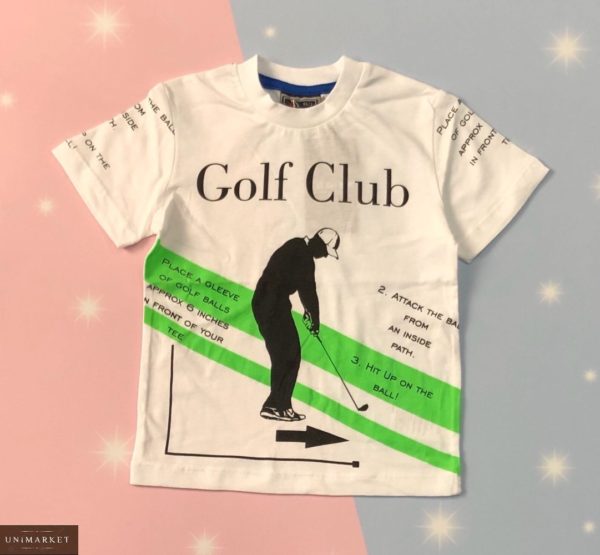 Заказать белую детскую футболку с принтом спорт (кепка, гольф, бокс) по скидке