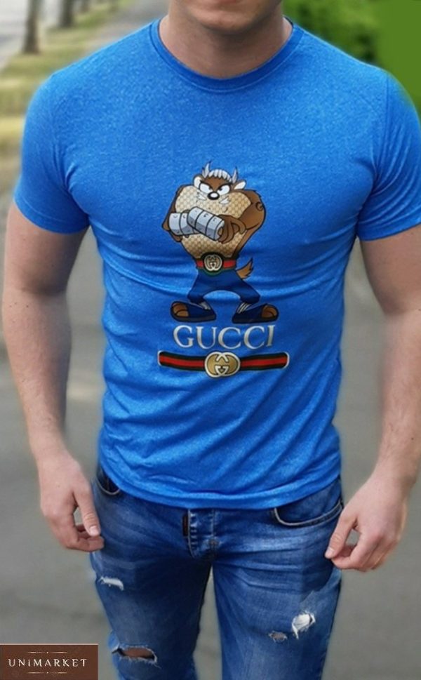 Приобрести голубую мужскую принтованную футболку с надписью gucci (размер 48-54) выгодно