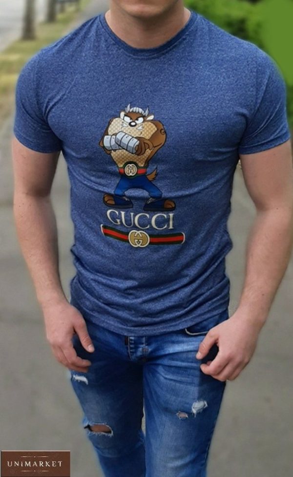 Замовити синю чоловічу прінтована футболку з написом gucci (розмір 48-54) за доступною ціною