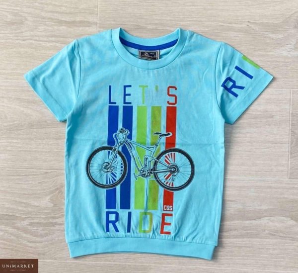 Купити блакитну дитячу футболку з принтом (машинки, велосипед) в Києві, Львові, Одесі