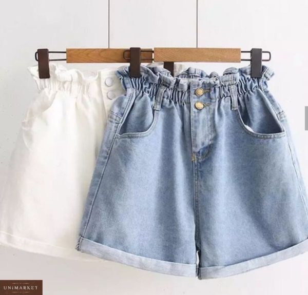 Купить голубые, белые женские летние джинсовые шорты с резинкой на поясе дешево