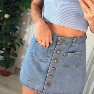 Купити блакитну жіночу джинсову спідницю на ґудзиках з маленькими кишенями в Одесі, Дніпрі