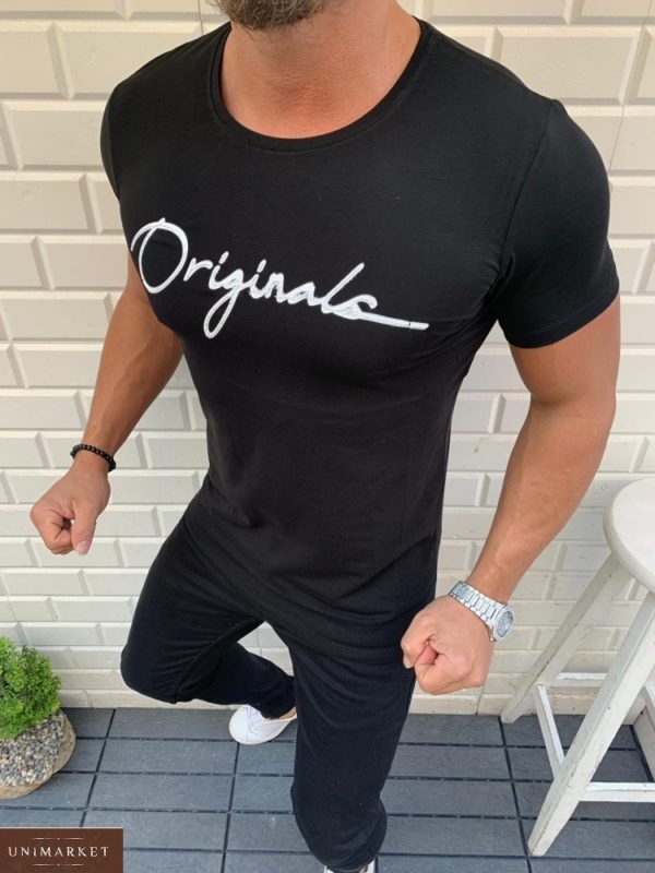 Купити чорну чоловічу стрейчевий футболку з написом Originals (розмір 48-54) в Україні