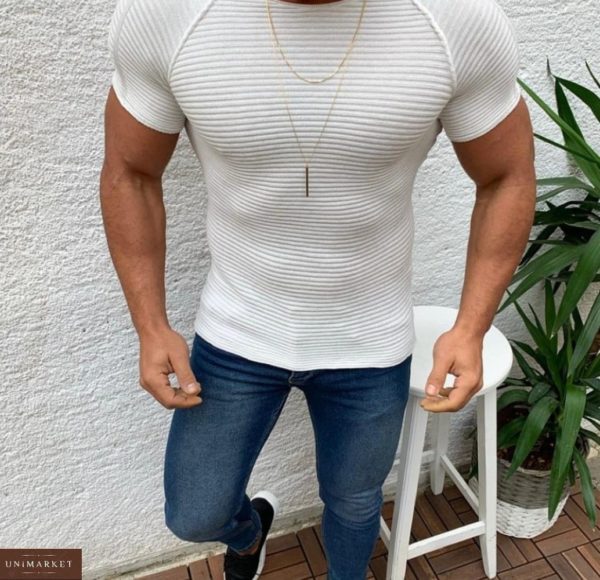 Купить белую мужскую футболку из трикотажа рубчик с рукавом реглан (размер 46-52) в интернете