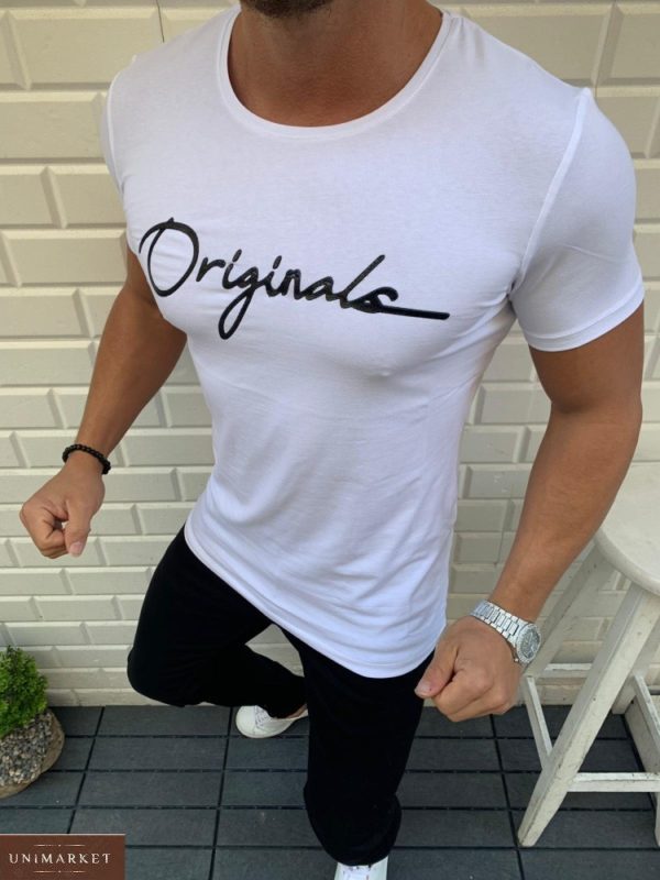 Заказать белую мужскую стрейчевую футболку с надписью Originals (размер 48-54) выгодно