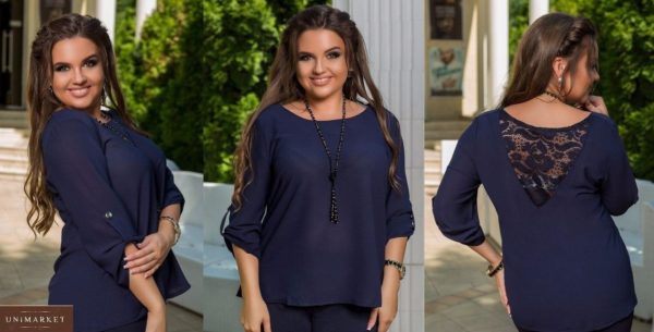 Купити синю жіночу літню блузку з креп шифону з мереживом на спинці (розмір 48-54) вигідно