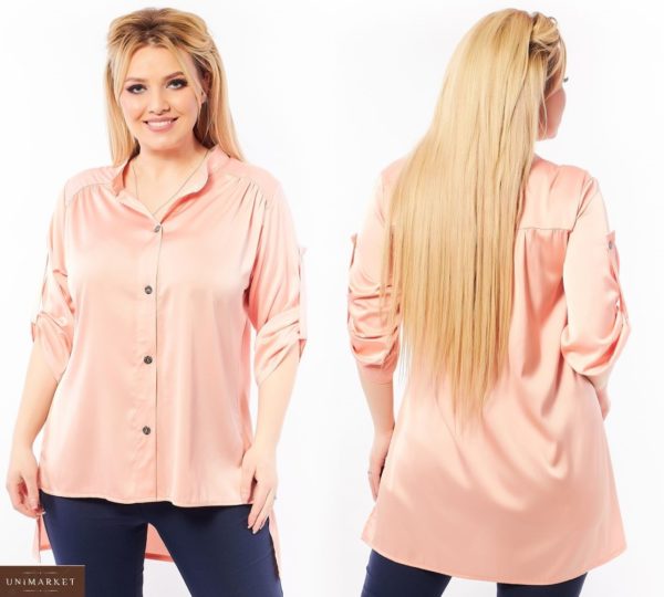 Купить персиковую женскую шелковую блузку без воротника (размер 50-64) недорого