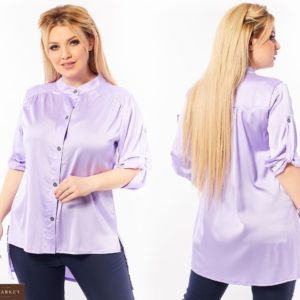 Заказать сиреневую женскую шелковую блузку без воротника (размер 50-64) недорого