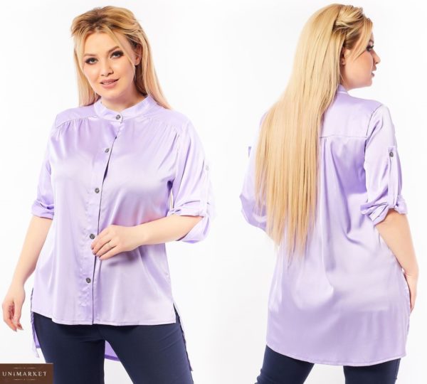 Заказать сиреневую женскую шелковую блузку без воротника (размер 50-64) недорого