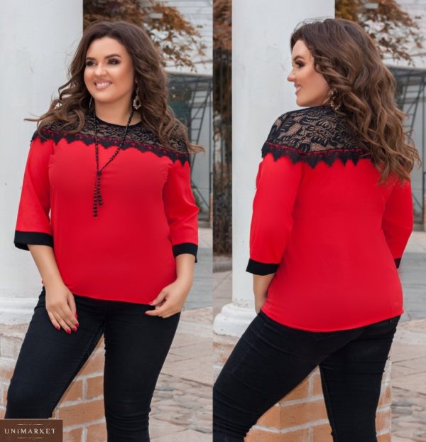 Купити червону жіночу стильну блузку зі вставкою з чорного гіпюру (розмір 50-60) вигідно