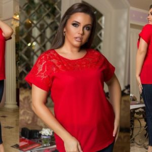 Купить красную женскую летнюю блузку со вставкой из гипюра (размер 48-54) дешево