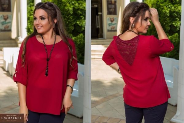 Придбати бордо жіночу літню блузку з креп шифону з мереживом на спинці (розмір 48-54) дешево