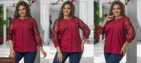 Придбати бордо жіночу елегантну блузку з брошкою з мереживними рукавами (розмір 48-58) вигідно