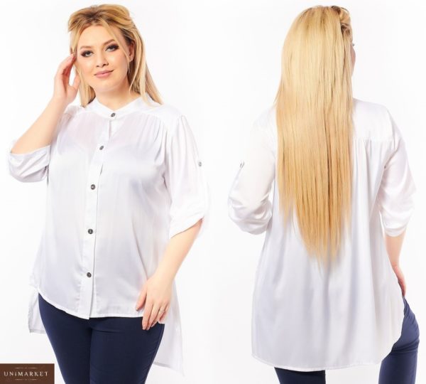 Купить белую женскую шелковую блузку без воротника (размер 50-64) по скидке