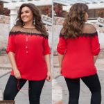 Замовити червону жіночу блузку прямого крою з мереживом і сіткою (розмір 50-60) недорого