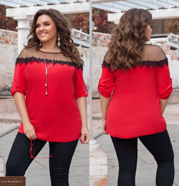 Заказать красную женскую блузку прямого кроя с кружевом и сеткой (размер 50-60) недорого