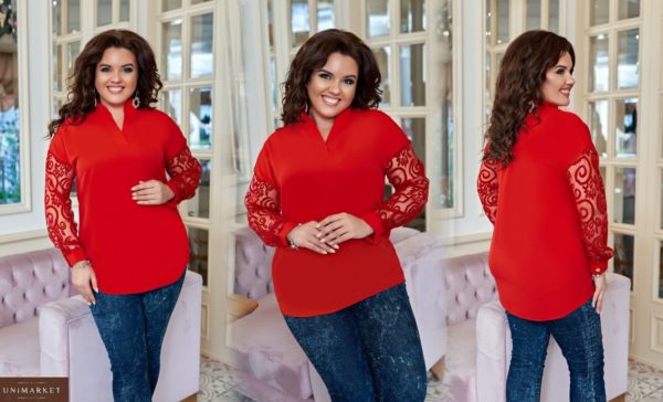 Приобрести красную женскую элегантную блузку со вставкой из флога на рукавах (размер 50-60) по низким ценам
