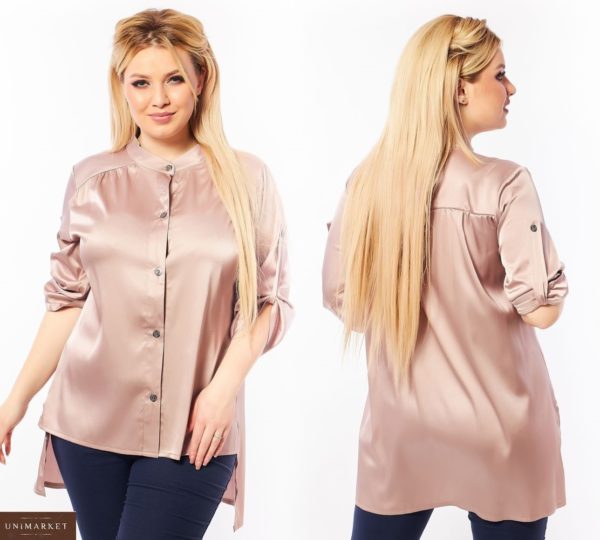 Придбати беж жіночу шовкову блузку без коміра (розмір 50-64) вигідно