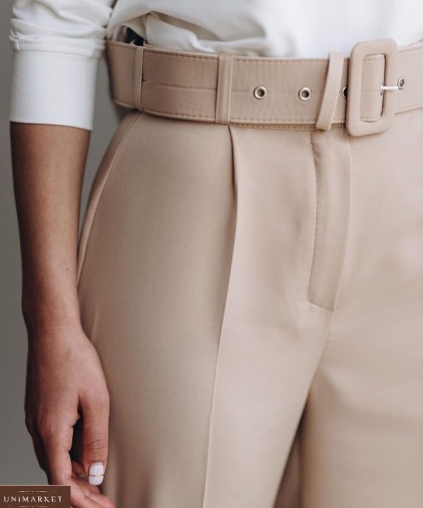 Приобрести женские бежевые брюки с поясом 7/8 из крепа онлайн