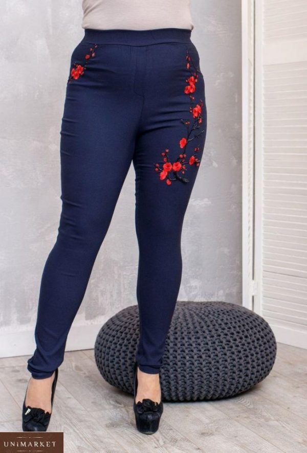Купить женские синие джинсы на высокой посадке с вышивкой (размер 48-62) в Украине