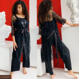 Купить черный женский комплект тройка: кружевной халат+ шелковая пижама со штанами (размер 42-54) в инетрнет-магазине