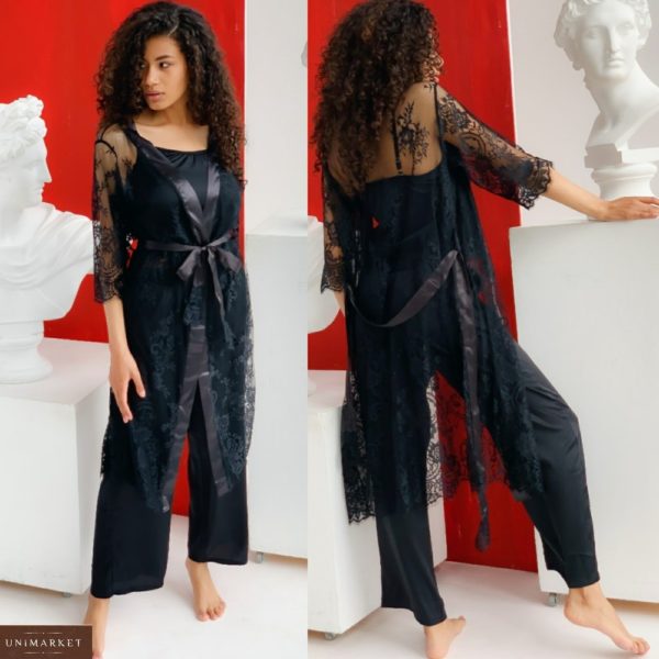 Купити чорний жіночий комплект трійка: мереживний халат + шовкова піжама зі штанами (розмір 42-54) в інетрнет-магазині