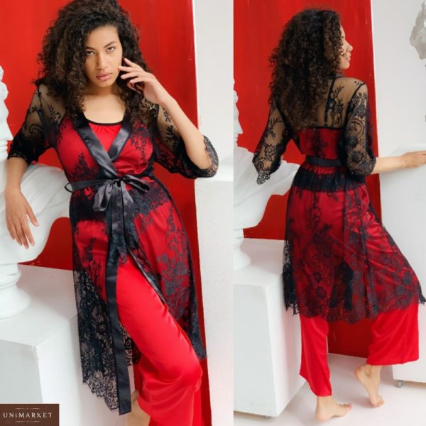 Замовити червоно-чорний жіночий комплект трійка: мереживний халат + шовкова піжама зі штанами (розмір 42-54) недорого