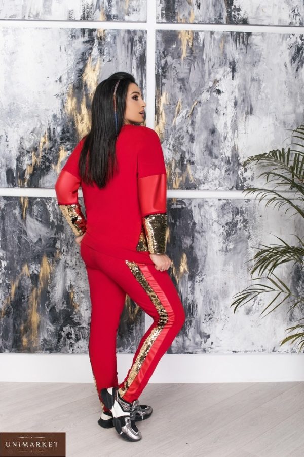 Заказать красный женский прогулочный костюм с пайетками и вставками из эко кожи (размер 50-64) онлайн