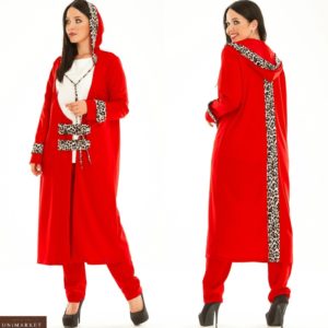 Замовити червоний жіночий костюм трійка з капюшоном з леопардовим обробкою (розмір 50-64) вигідно