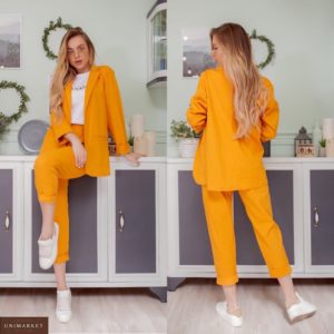 Заказать желтый женский однотонный костюм: пиджак+штаны из льна по низким ценам