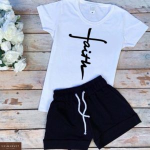 Купить белый/черный женский трикотажный костюм: шорты+футболка с надписью Faith по скидке