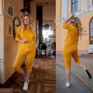Замовити жовтий жіночий однотонний костюм: подовжена футболка + лосини (розмір 48-62) по знижці