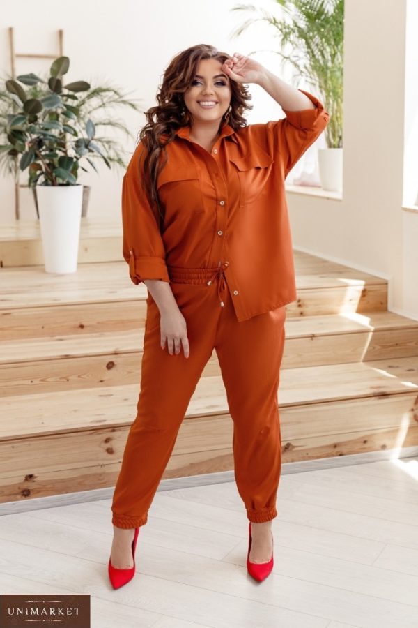 Замовити помаранчевий жіночий костюм двійка: штани на гумці і сорочка (розмір 42-58) онлайн