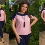 Замовити синій / рожевий жіночий костюм: штани + кофта з коротким рукавом з прикрасою в комплекті (розмір 50-60) в Україні