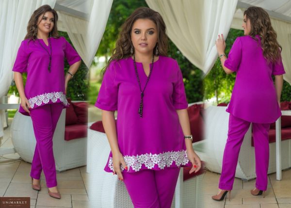 Замовити фуксія жіночий літній брючний костюм з мереживною окантовкою на блузці (розмір 50-60) недорого