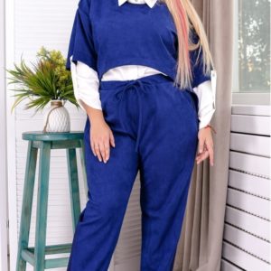 Купить синий женский брючный костюм тройка с рубашкой (размер 50-64) недево
